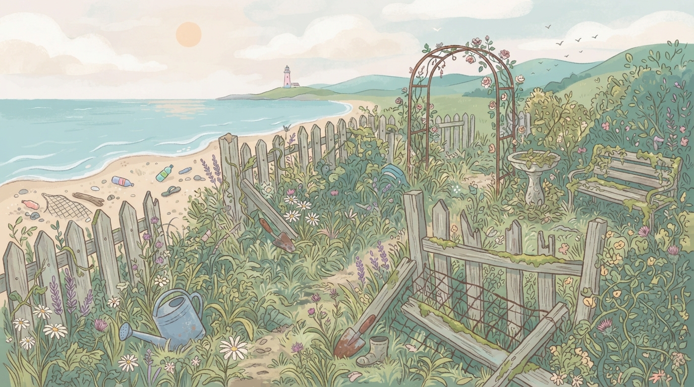 Un jardin abandonné envahi par les herbes hautes surplombe une plage où traînent des déchets, avec un phare visible au loin sur la colline